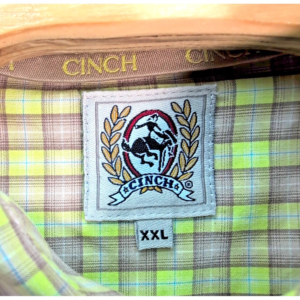 Cinch Dress Shirt Men's XXL Medium Lime Green Plaid Long Sleeve Western Cowboy - Picture 6 of 9